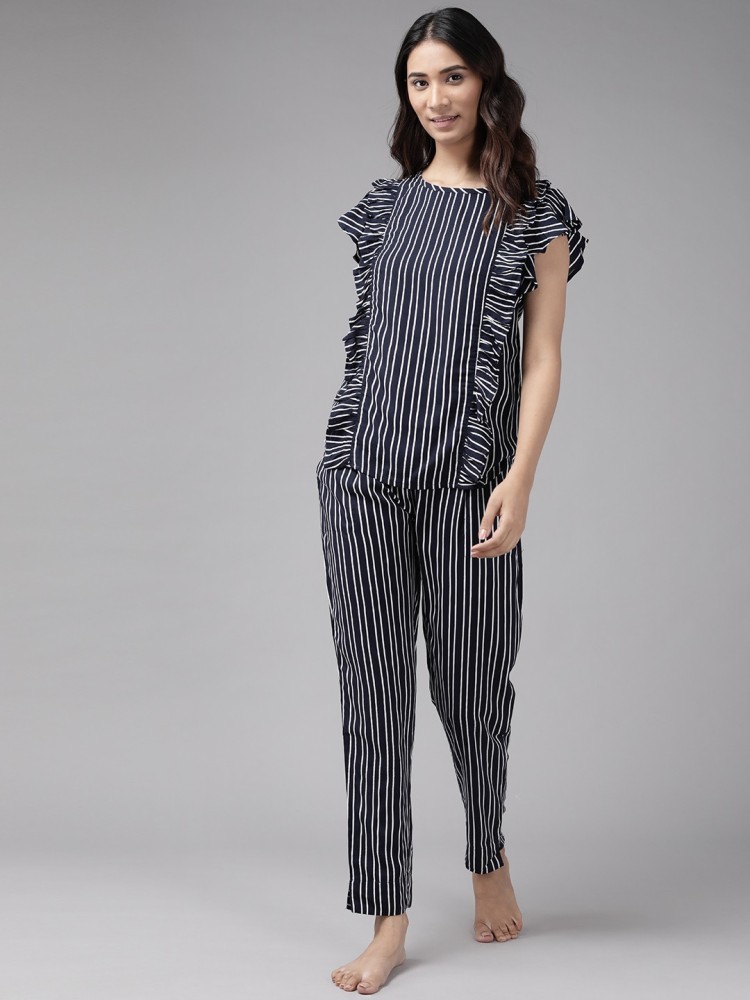 Yash Gallery Women Striped Black Top & Pyjama Set