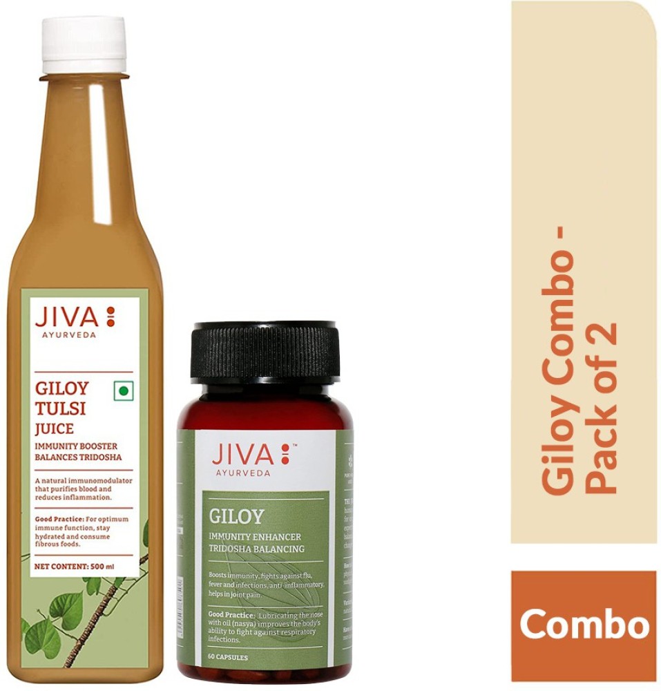 JIVA Giloy Combo - Giloy Tulsi Juice (500 ml) and Giloy Capsule (60 Capsules) - Ayurvedic Immunity Boosters - Supports Natural Immunity and Increases Energy - Pack of 2