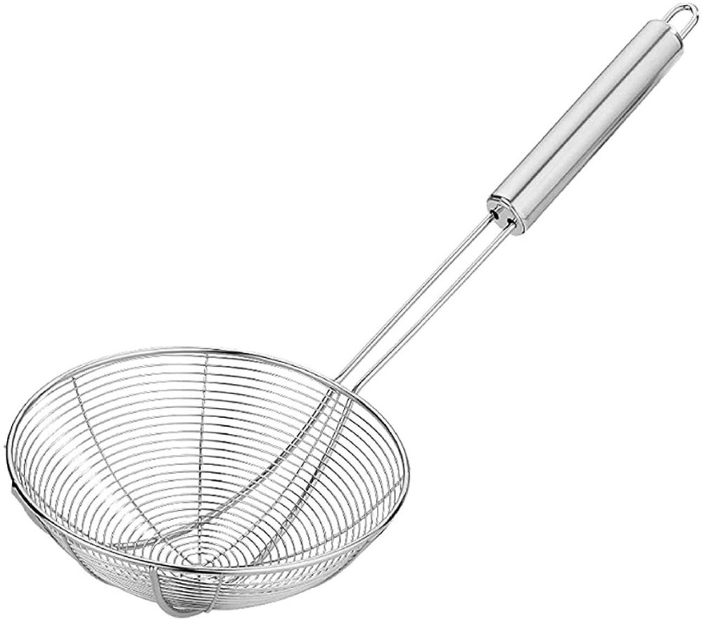 TRS Heavy Duty Professional Standard Stainless Steel Deep Fry Jhara Mesh Laddle Jharni Wire Skimmer Puri Strainer with Handle for Perfect Oil Extraction Strainer