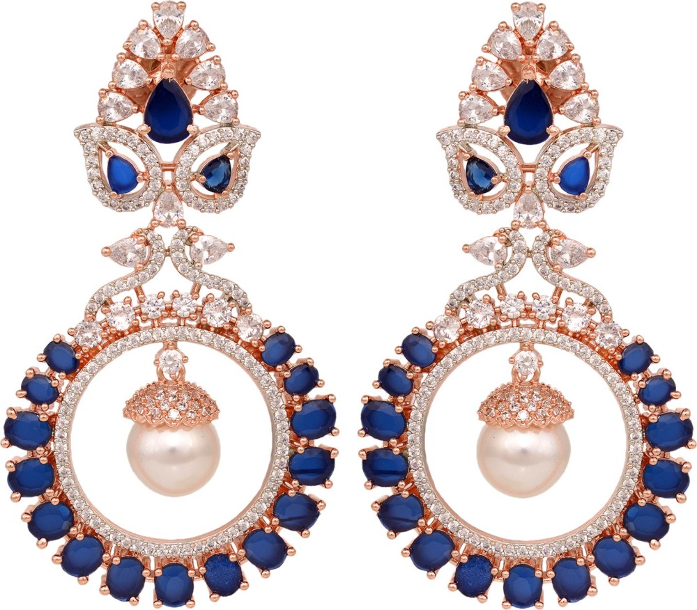 SARAF RS JEWELLERY Rose Gold Plated Pearl with Blue AD Studded Chandbali Drop Earrings Cubic Zirconia Brass Chandbali Earring