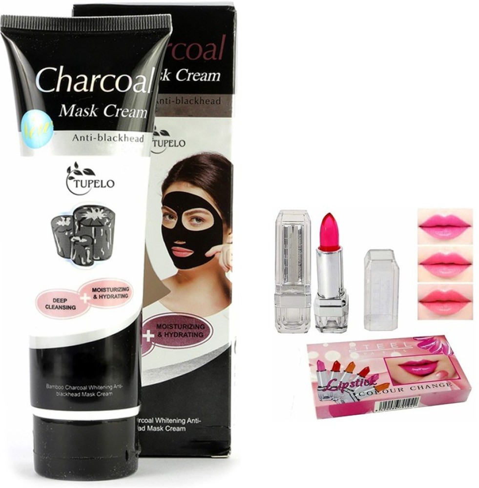 TUPELO Combo pack of charcoal mask cream anti black head oil control anti head mask cream (130ml) + Steel Paris color change gel lipstick for women