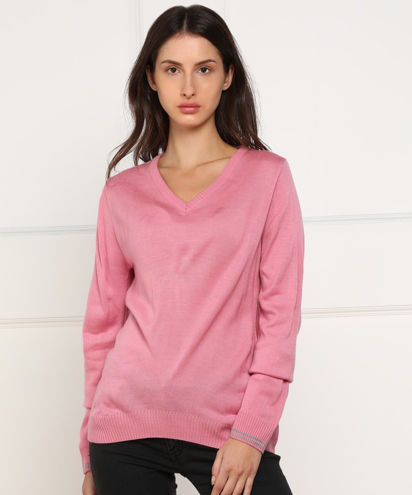 PROVOGUE Solid V Neck Casual Women Pink Sweater