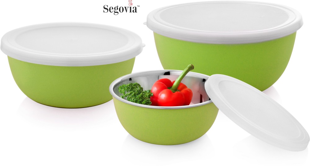 SEGOVIA Microwave Safe Bowl with Lids - 3 Piece Stainless Steel, Unbreakable-Reusable- Dishwasher Safe, Polished Mirror Finish For Healthy Meal Mixing - Use for Home and Kitchen  - 600 ml, 1100 ml, 1500 ml Steel, Polypropylene Utility Container