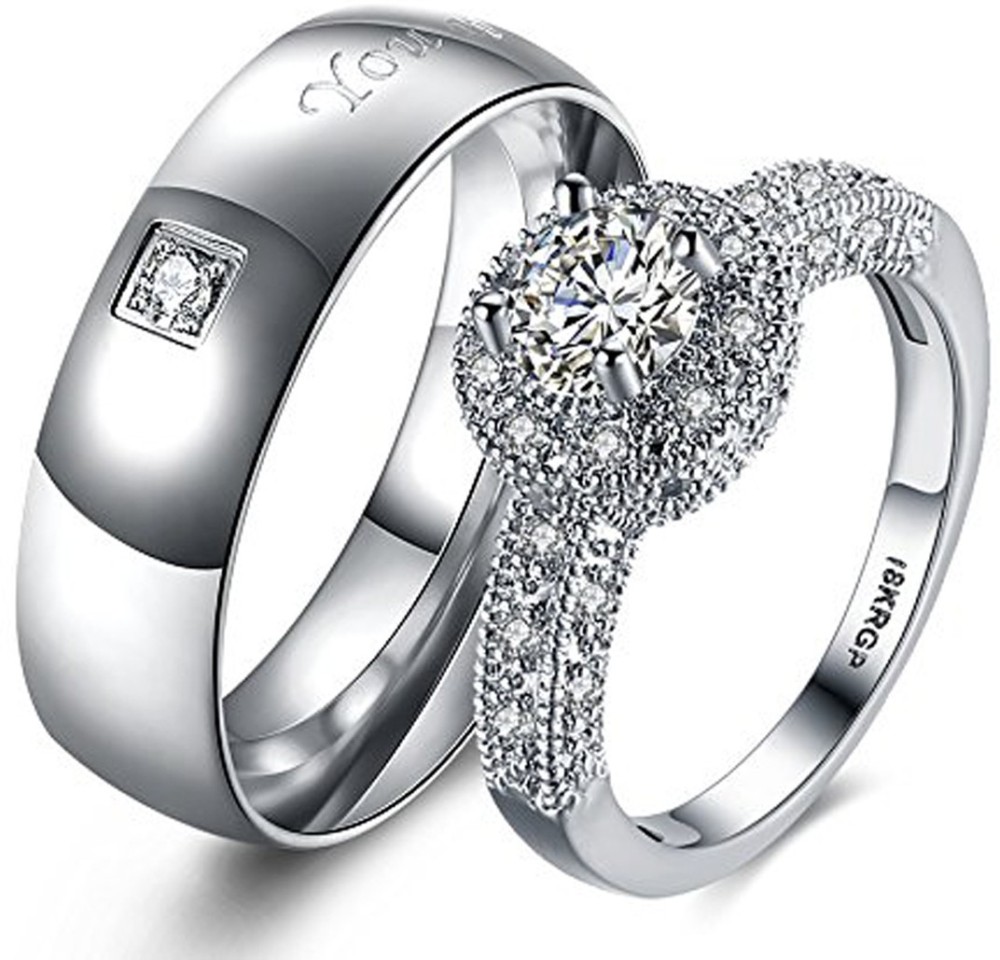 YELLOW CHIMES Platinum Plated Crystal Proposal Couple Rings Metal Platinum Plated Ring Set