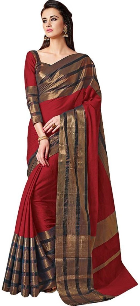 BAPS Striped, Woven, Embellished, Solid/Plain Kanjivaram Cotton Blend, Art Silk Saree