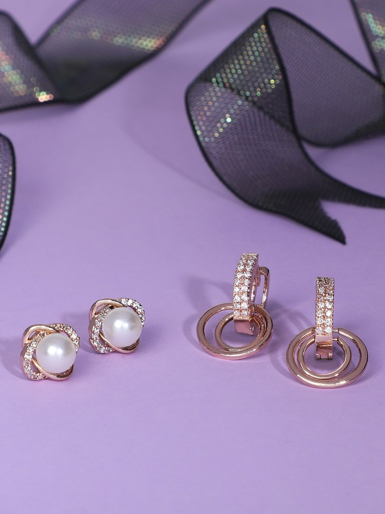 ZAVERI PEARLS Set of 2 Earrings Cubic Zirconia Brass Stud Earring, Hoop Earring
