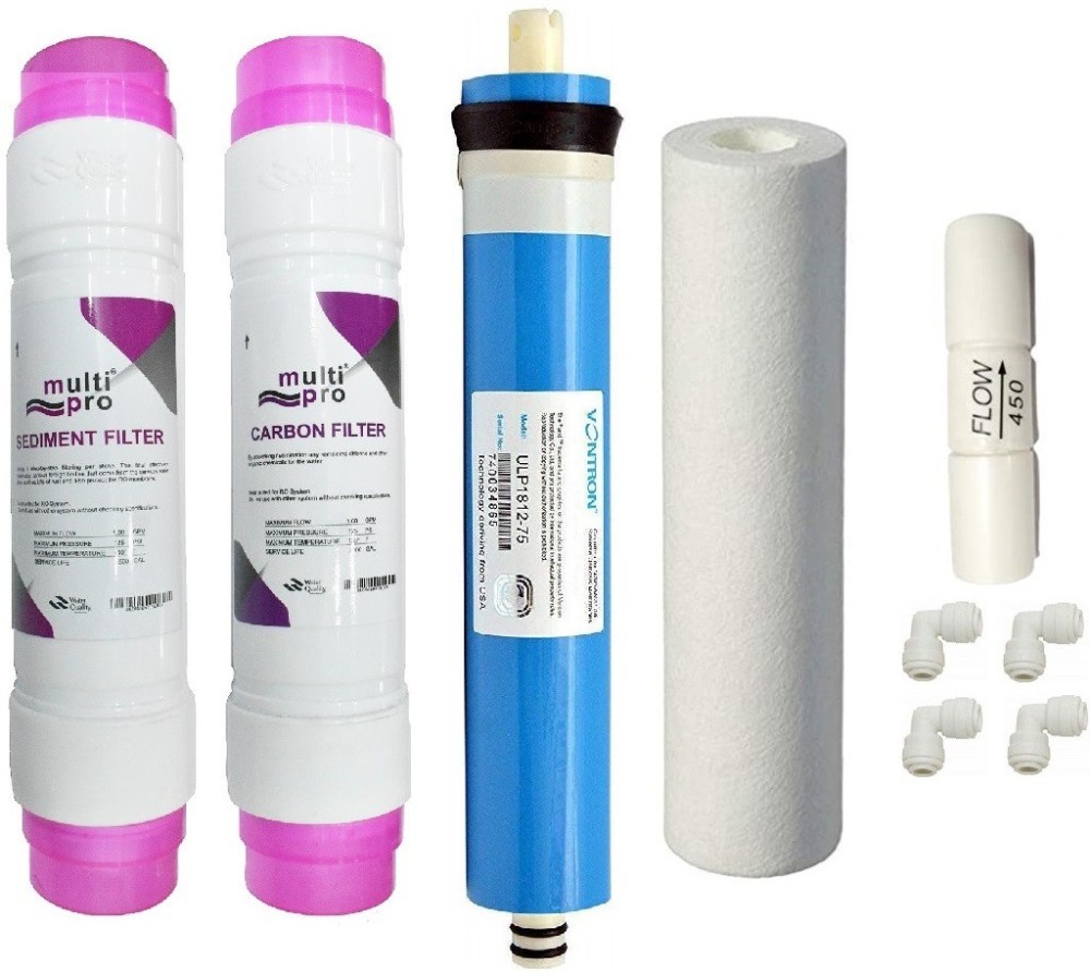 GE FILTRATION Multipro Sediment and Carbon Filter ,Spun Filter,with 80 GPD Vontron membrane/One year RO service kit(Pack of 1pc Sediment Filter , 1 pc Carbon filter,1 pc 80 GPD membrane with FR, Elbow Connectors for easy installation) suitable for all kind of domestic RO water purifier Solid Filter Cartridge
