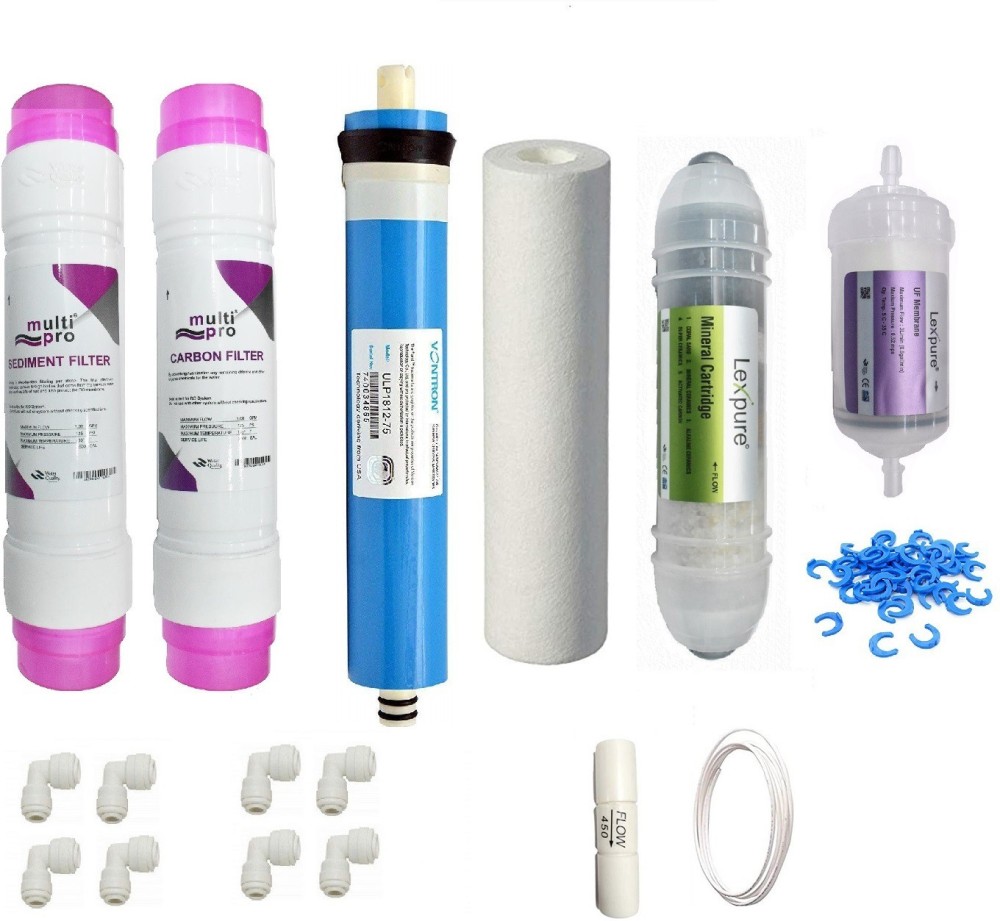 GE FILTRATION Multipro Sediment and Carbon Filter ,Spun Filter,mineral cartridge,uf membrane,with 80 GPD Vontron membrane/One year RO service kit(Pack of 1pc Sediment Filter , 1 pc Carbon filter,1 pc 80 GPD membrane with FR, Elbow Connectors for easy installation) suitable for all kind of domestic RO water purifier Solid Filter Cartridge