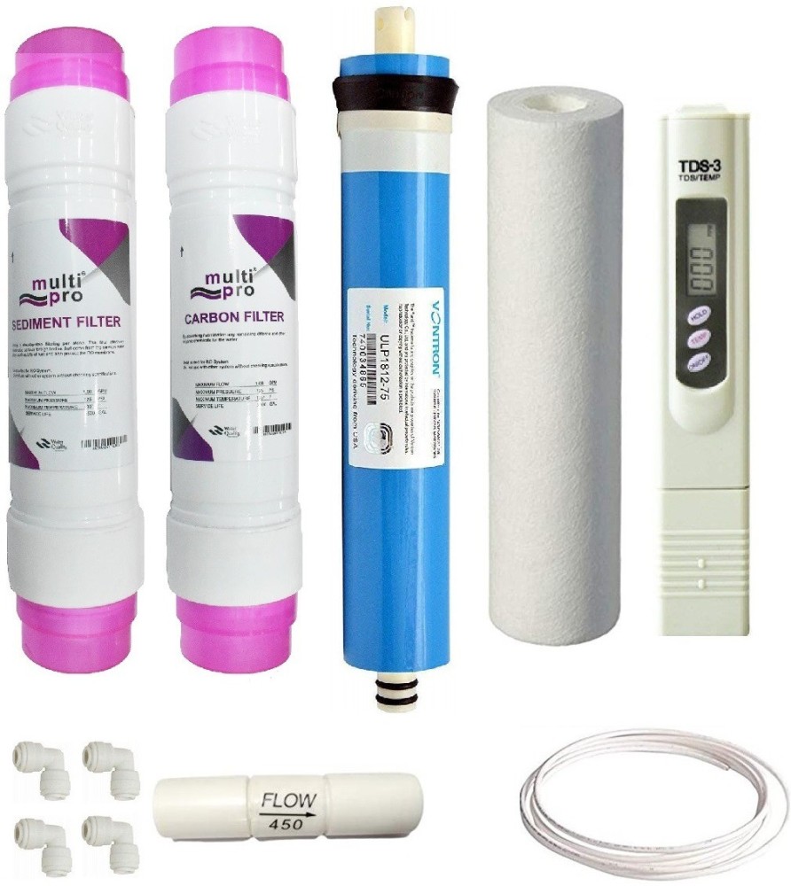 GE FILTRATION Multipro Sediment and Carbon Filter ,Spun Filter,TDS meter,with 80 GPD Vontron membrane/One year RO service kit(Pack of 1pc Sediment Filter , 1 pc Carbon filter,1 pc 80 GPD membrane with FR, Elbow Connectors for easy installation) suitable for all kind of domestic RO water purifier Solid Filter Cartridge