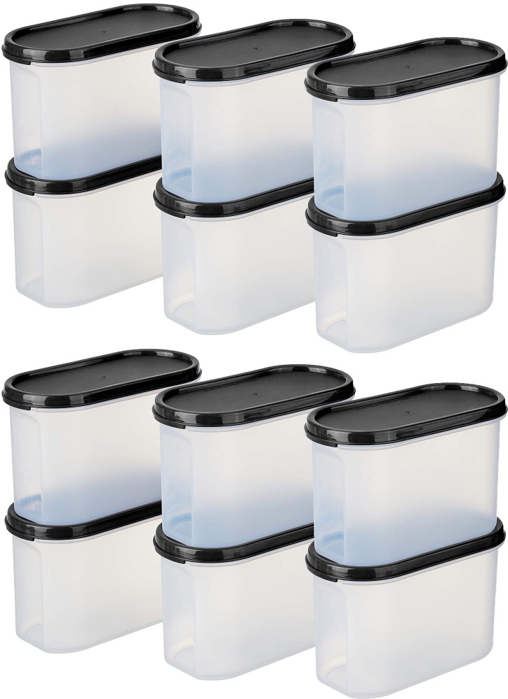 SKYHEART Smart Buy Every Kitchen Choice Oval & Modular Shape Kitchen Storage Containers / Airtight Container / Plastic Container / Kitchen Containers / Plastic Box / Fridge Containers / Canisters / Combo / Set For Tea, Coffee, Sugar, Food, Grain, Rice, Masala, Pasta, Pulses, Spices, Kitchen (PACK OF 12 BLACK 1000ML)  - 1000 ml Polypropylene Grocery Container