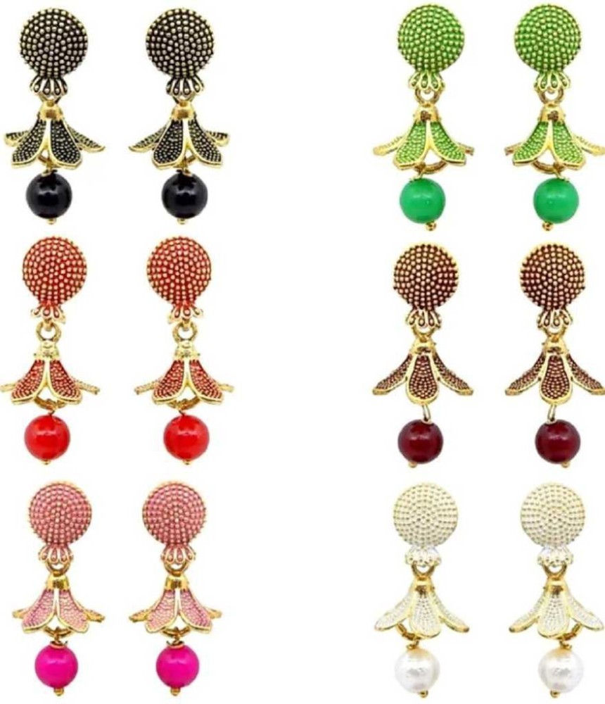 MEENAZ Traditional South indian Temple Jewellery pearl moti Gold plated Matte Finish small studs Peacock Stylish Fancy party wear Wedding Bridal Daily use Multicolor oxidised tops golden earrings jhumki earing Combo pack set kaan jumkas Stud Tops Meenakari Jhumka Ethnic Antique jhumkas multi ear rings for women girls ladies lovers valentine gifts Latest design 6 pink white black maroon green red Set JHUMKI COMBO-ME013 Beads, Pearl Alloy, Metal, Enamel, Crystal, Zinc, Brass, Copper Drops & Danglers, Earring Set, Jhumki Earring