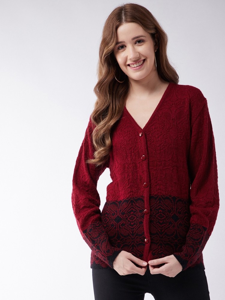 Modeve Self Design, Printed, Woven Round Neck Casual Women Maroon Sweater