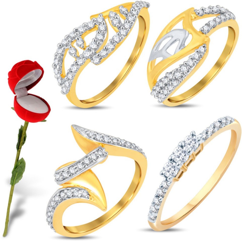 Sukkhi Sukkhi Valentine Collection Astonish Gold & Rhodium Plated Cz Combo With Rose Box For Women Pack Of 4 Alloy Cubic Zirconia Gold Plated Ring