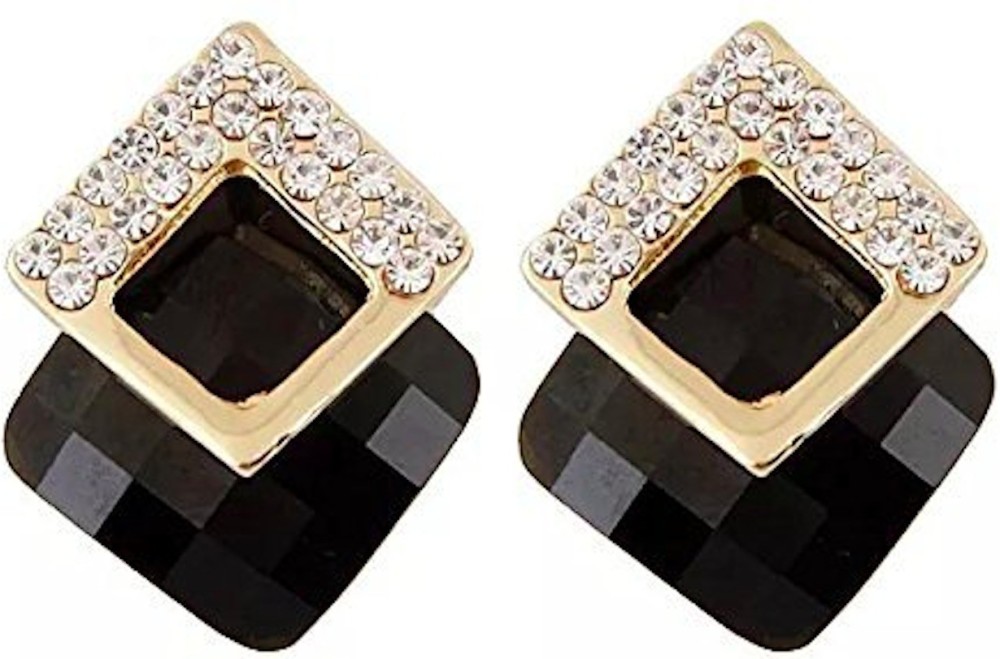 Nilu's Collection 18k Gold plated Black Crystal Geometric Stud Earrings Women & Girls Fancy Party Jewellery Cubic Zirconia Copper Stud Earring