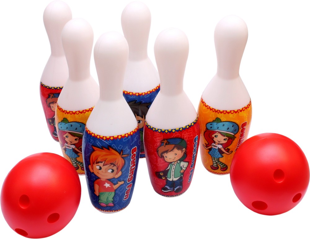 toysons Bowling alley printed sleeves 6 Medium Pins 2 hit balls IN ZIP BAG Bowling