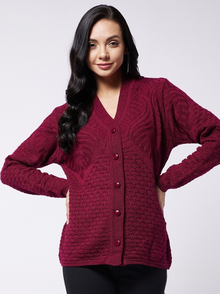 Rivza Self Design V Neck Casual Women Maroon Sweater