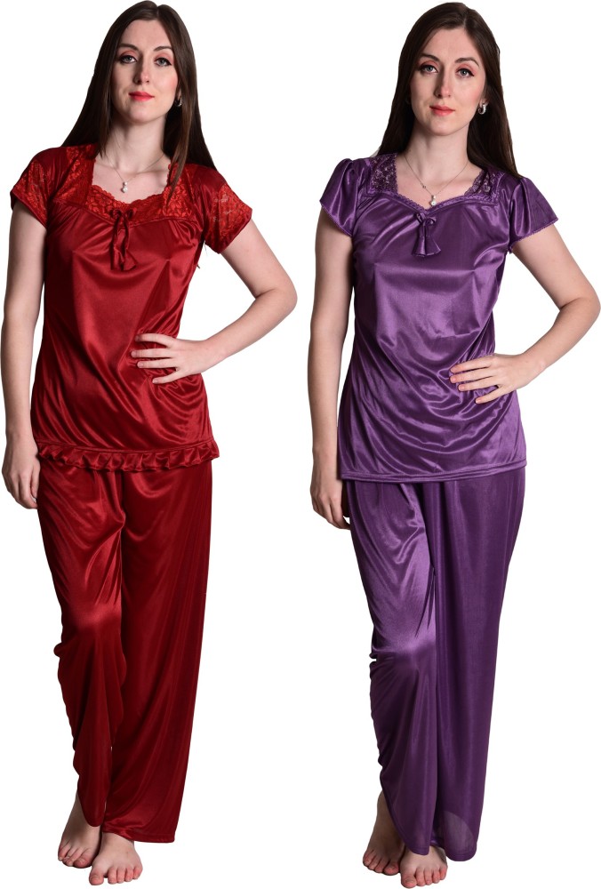 SENSLIFE Women Solid Purple, Maroon Top & Pyjama Set
