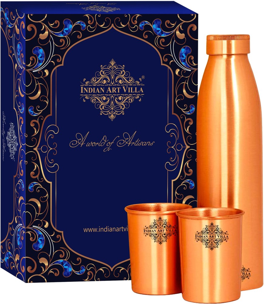 IndianArtVilla Pure Copper Gift Set of Seamless Design 1 Bottle & 2 Glass With Royal Gift Box 1000 ml Bottle