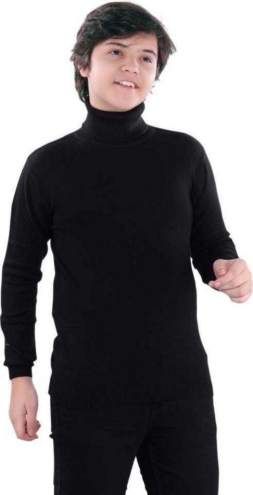 Clothify Solid High Neck Casual Boys Black Sweater