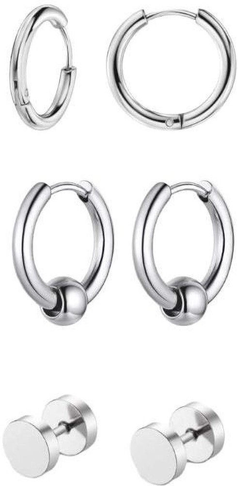 vien Hoop Ear piercing Studs stainless Steel Jewelry Stylish Fancy Party wear casual High Silver Polish Daily use simple Pierced Round Dumbell Stainless Steel Stud Earring, Hoop Earring