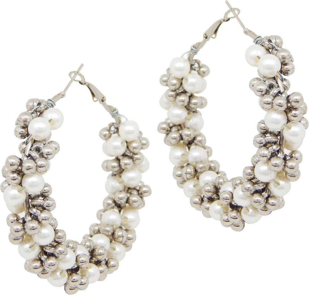 FRESH VIBES Fresh Vibes Silver & White Pearls Twisted Design Large Round Hoops Earrings For Women - Stylish & Fancy Western Casual Use Loop Circle Earings for Girls Alloy Hoop Earring