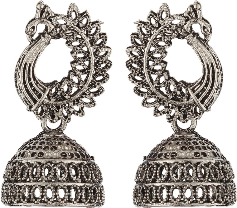 Bandish Oxidised Antique Ethnic Peacock German Silver Jhumki Earring, Drops & Danglers