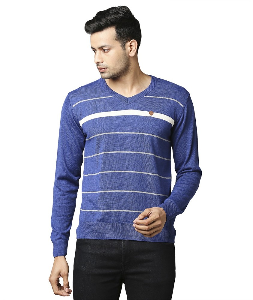 Raymond Striped V Neck Casual Men Blue Sweater