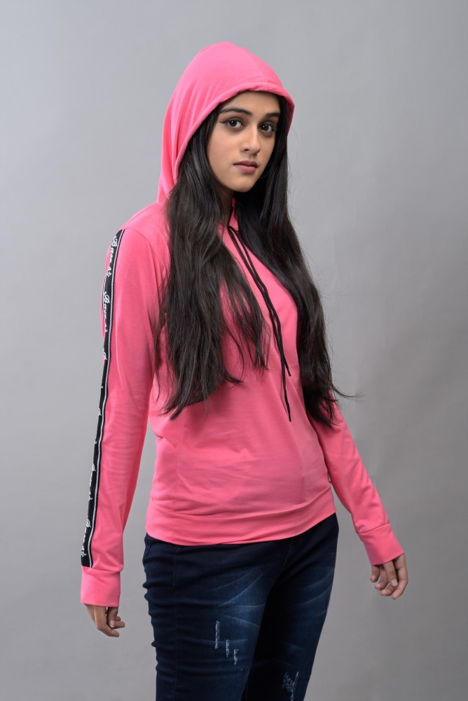 BASE 41 Solid Women Hooded Neck Red T-Shirt