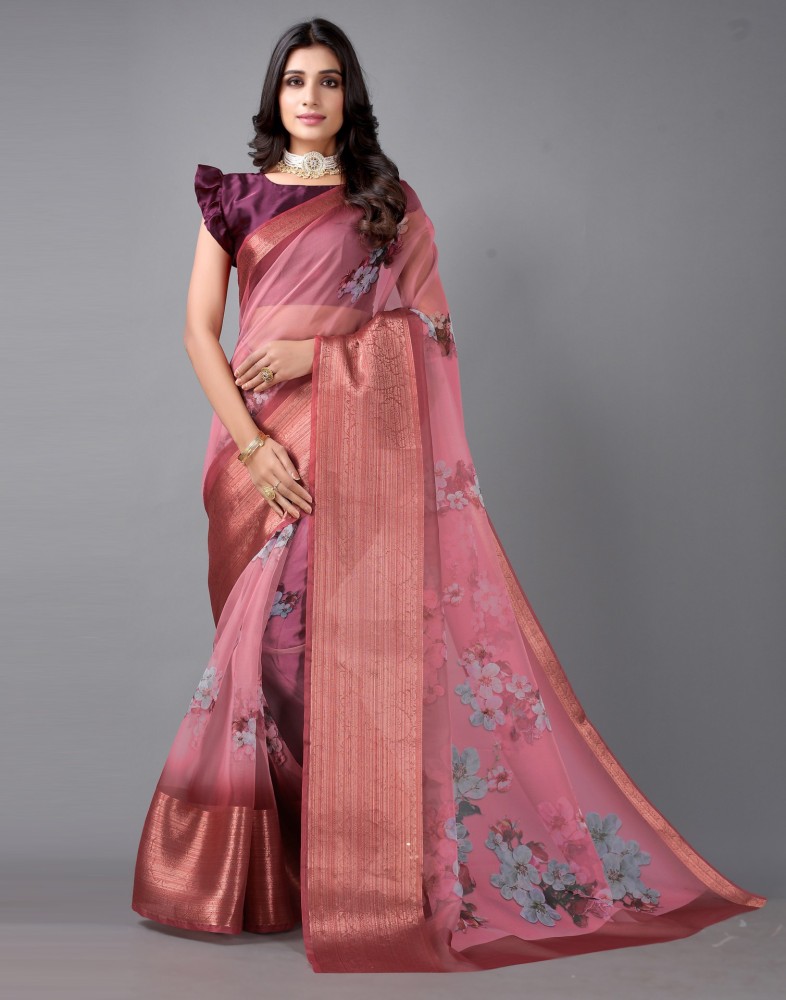 Samah Printed, Woven, Embellished, Floral Print Bollywood Organza Saree