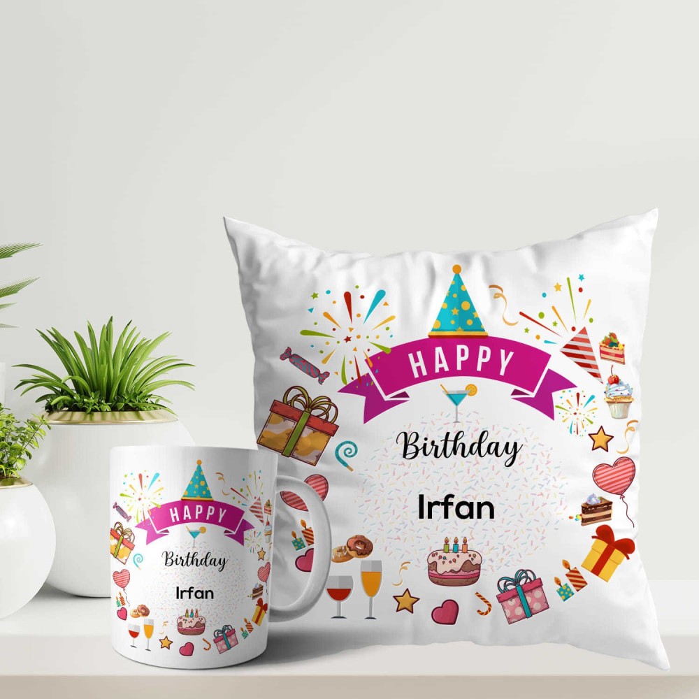 ARTBUG Happy Birthday Irfan Coffee Cup and Cushion with Filler Combo Name - Irfan Ceramic Coffee Mug