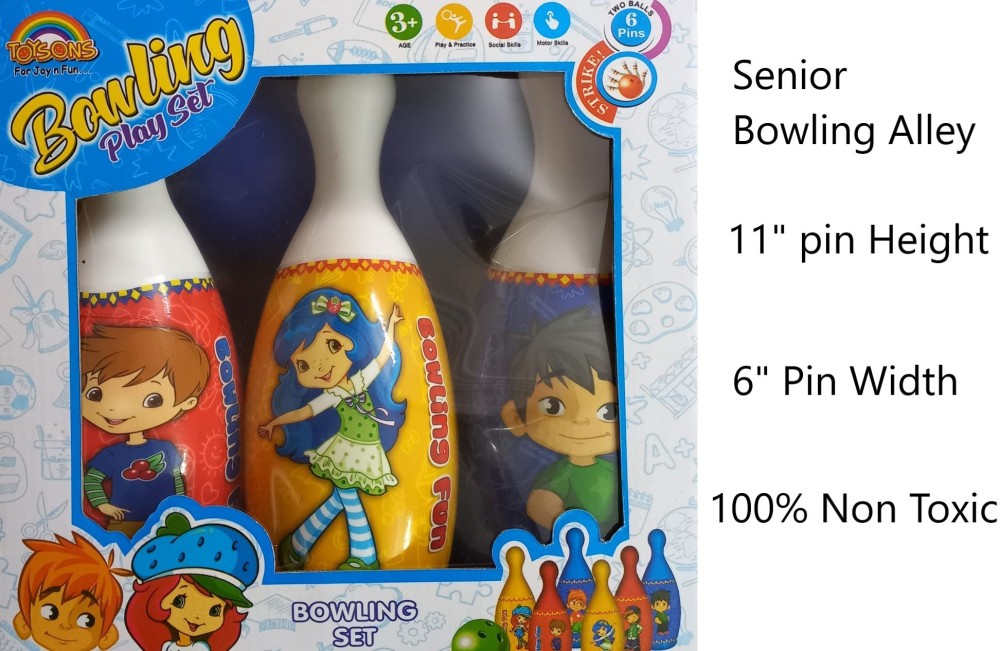 toysons Bowling play set colorful Sleeves 6 SENIOR Pins 1 BIG hit ball in Gift Box Bowling