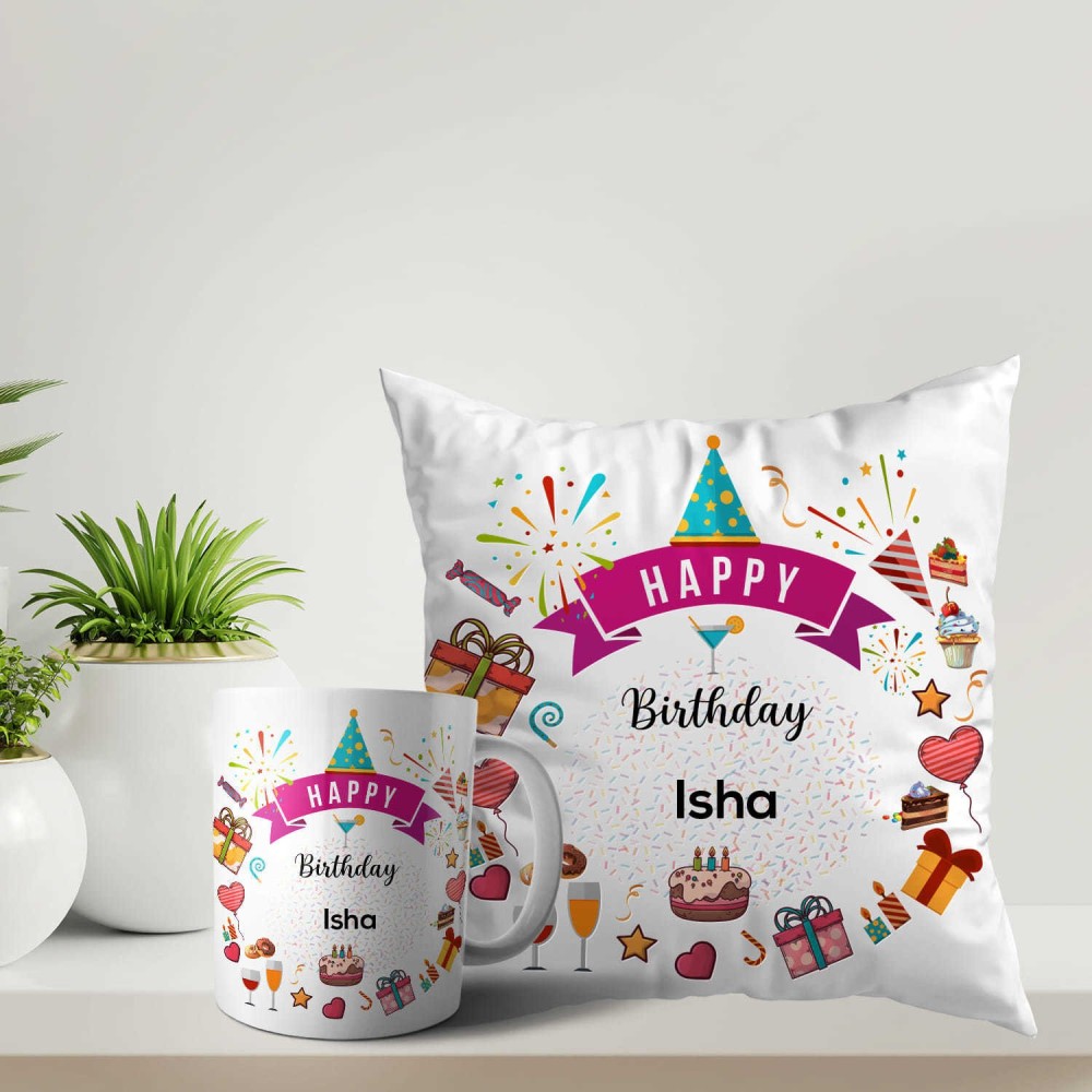 ARTBUG Happy Birthday Isha Coffee Cup and Cushion with Filler Combo Name -Isha Ceramic Coffee Mug