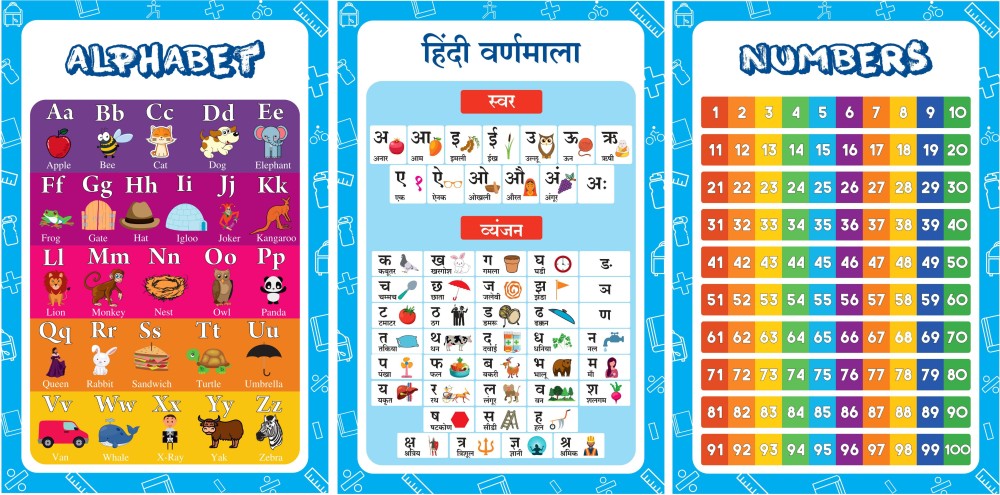 Kids Posters for Learning | Educational Posters for Preschool Kids Classroom Study Learning - Set of 3 - ABCD Alphabet Poster for Kids, Hindi Varnmala and Numbers Wall Charts for Preschool, Nursery, Posters Fine Art Print