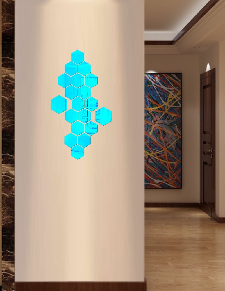 Decor studio decorative blue hexagone set mirror acrylic sticker Medium Self Adhesive Sticker
