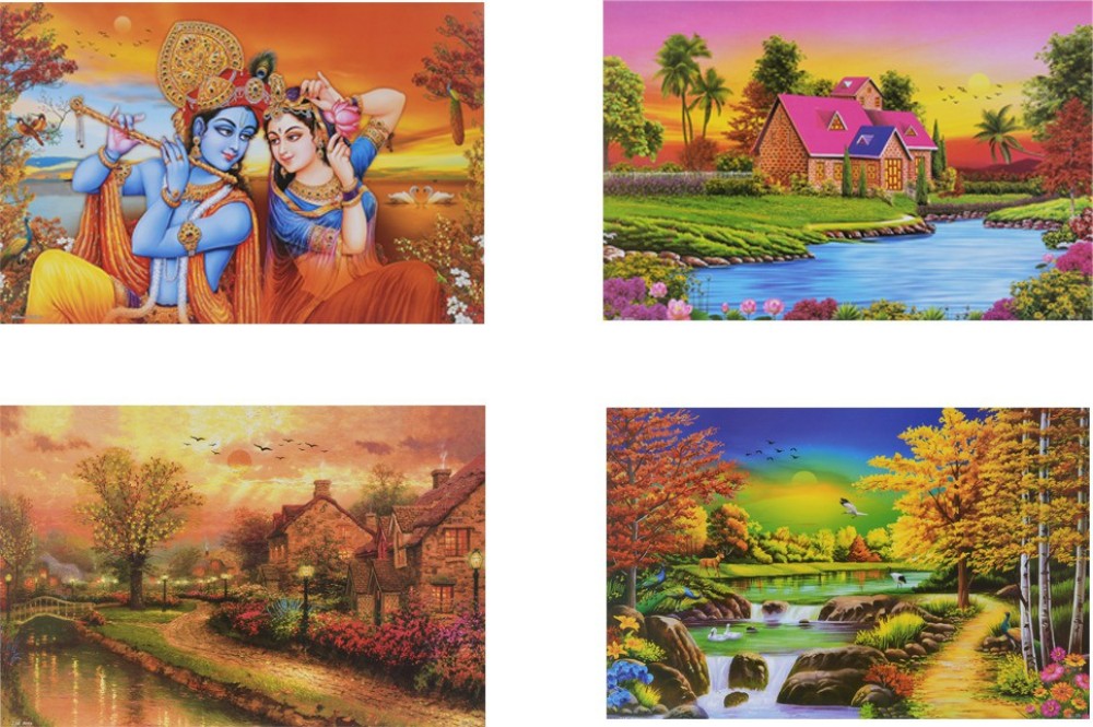 Combo of 4 Beautiful poster | Gloss Laminated Paper Printing | Scenery & Radha Krishna Wall Poster | Wall Painting (Wall Poster Without Frame Fine Art Print) (12 inch X 18 inch, Rolled Over Hard Cardboard Pipe). Paper Print
