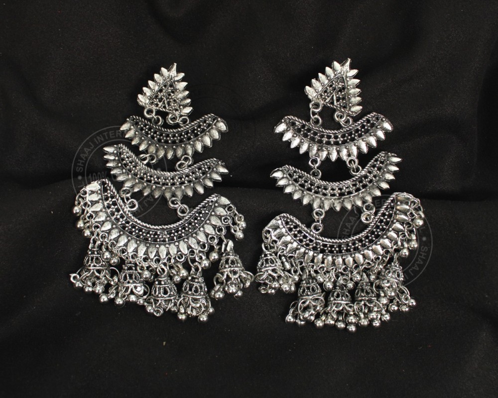 SHAAJ Latest Tribal Oxidised 3 Layer Silver Jhumka/Earrings for Women Long Earrings German Silver Earring Set, Jhumki Earring
