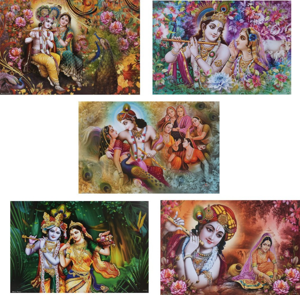 Combo of 5 Beautiful poster | Gloss Laminated Paper Printing |Radha Krishna Wall Poster | (Wall Poster Without Frame Fine Art Print) (12 inch X 18 inch, Rolled Over Hard Cardboard Pipe). Paper Print