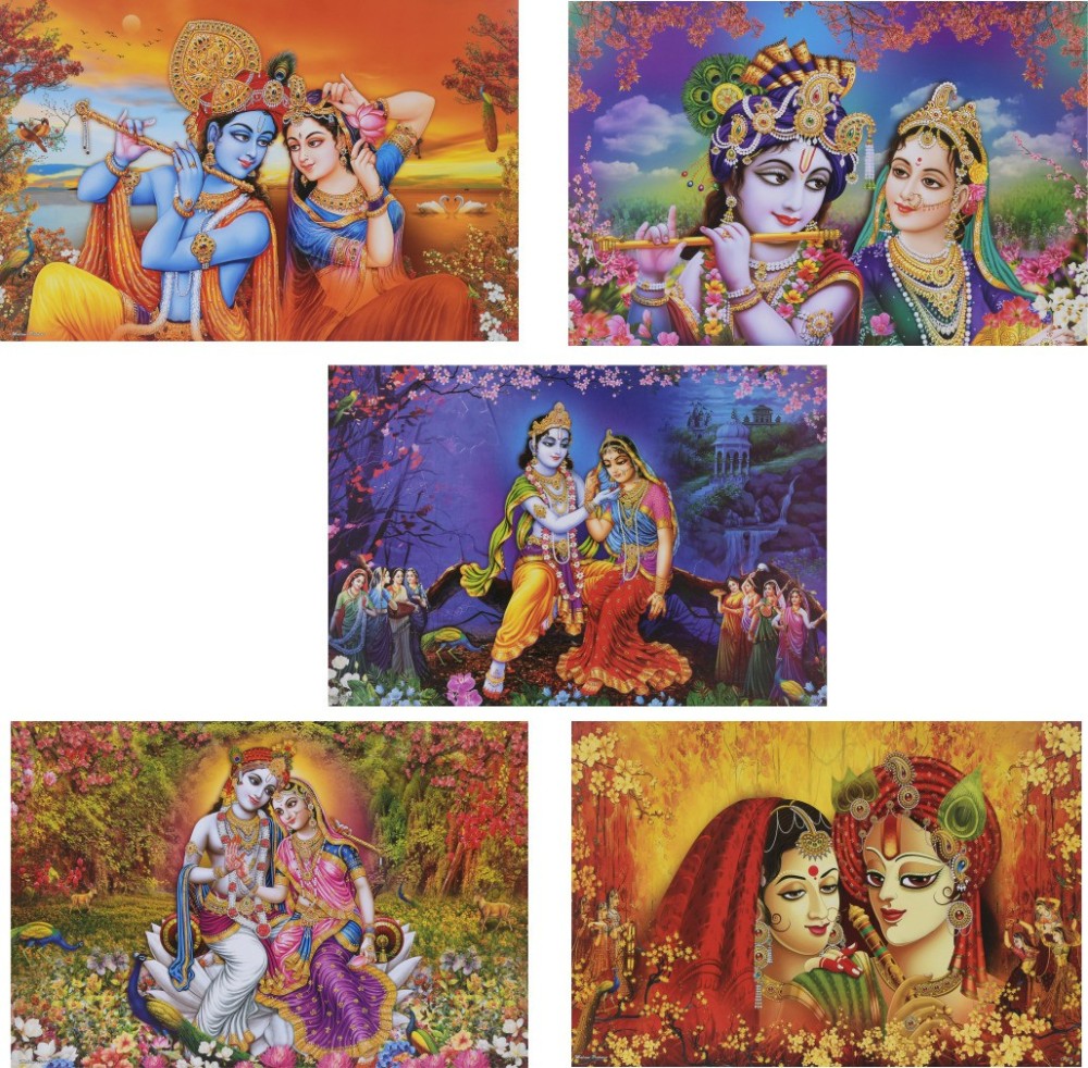 Combo of 5 Beautiful poster | Gloss Laminated Paper Printing |Radha Krishna Wall Poster | (Wall Poster Without Frame Fine Art Print) (12 inch X 18 inch, Rolled Over Hard Cardboard Pipe). Paper Print