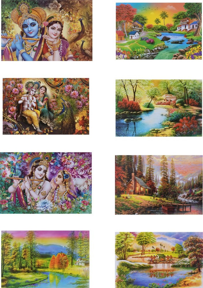 Combo of 8 Beautiful poster| Gloss Laminated Paper Printing | Scenery & Radha Krishna Wall Poster | Wall Poster Wall Painting (Wall Poster Without Frame Fine Art Print) (12 inch X 18 inch Rolled Over Hard Cardboard Pipe). Paper Print