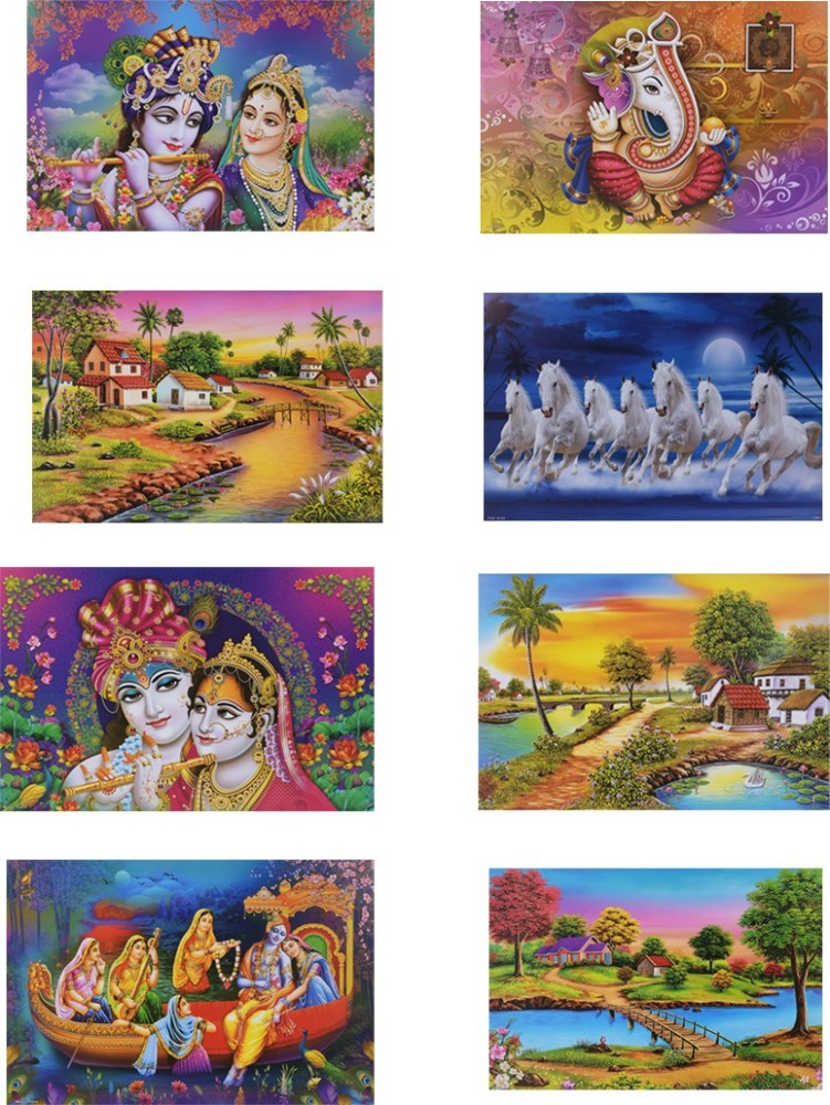 Combo of 8 Beautiful poster| Gloss Laminated Paper Printing | Seven Horses, Scenery, God Ganesha & Radha Krishna Wall Poster | Wall Poster Wall Painting (Wall Poster Without Frame Fine Art Print) (12 inch X 18 inch Rolled Over Hard Cardboard Pipe). Paper Print