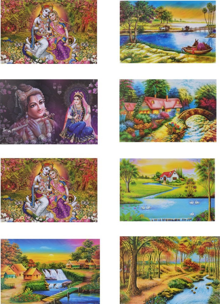 Combo of 8 Beautiful poster| Gloss Laminated Paper Printing | Scenery & Radha Krishna Wall Poster | Wall Poster Wall Painting (Wall Poster Without Frame Fine Art Print) (12 inch X 18 inch Rolled Over Hard Cardboard Pipe). Paper Print