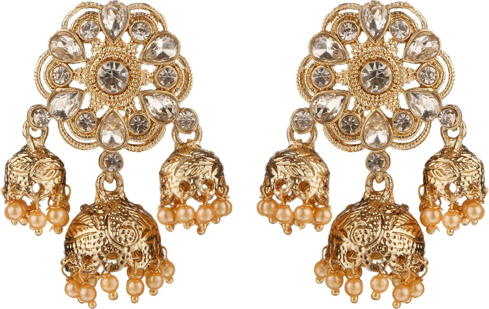 Kord Store Traditional Flower Design White Stone & Pearls Jhumki Earring For Women Beads, Pearl Alloy Jhumki Earring