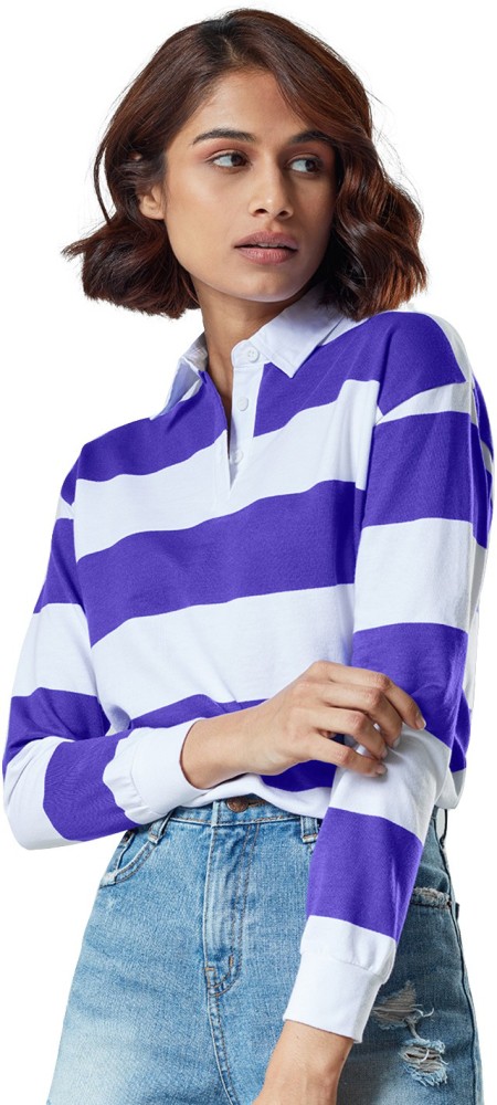 The Souled Store Striped Women Polo Neck Blue T-Shirt