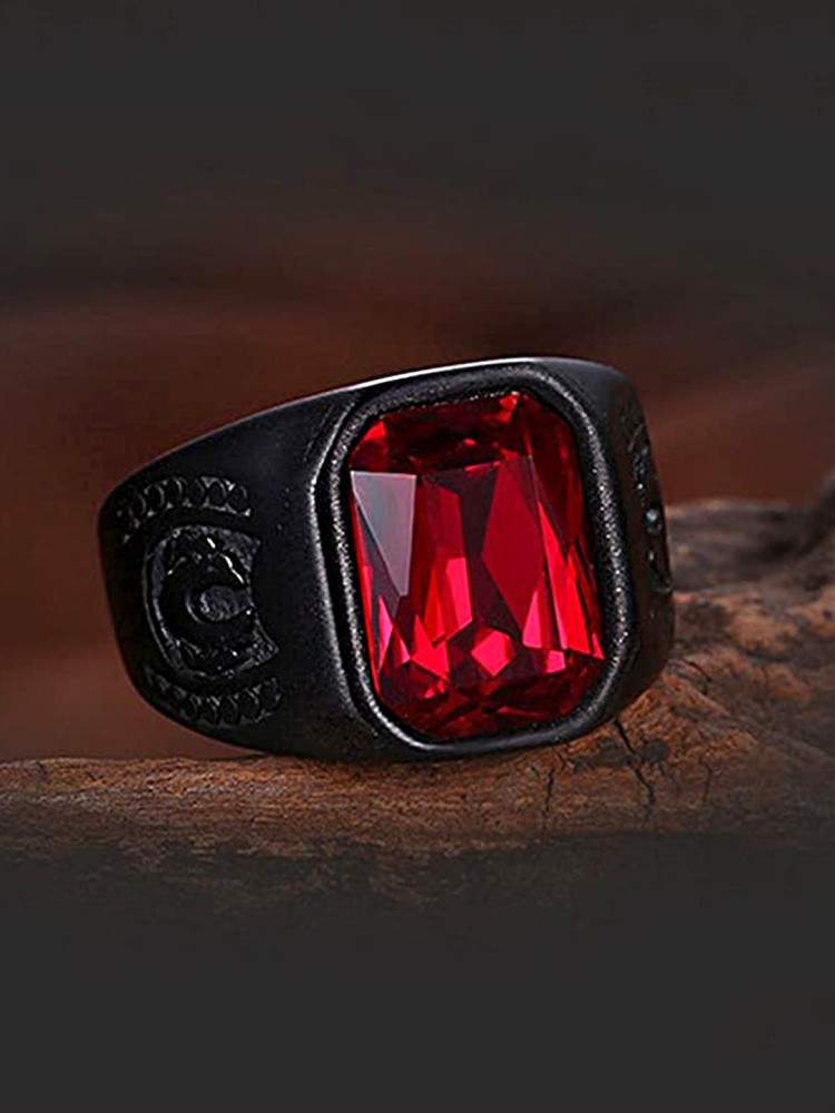 YELLOW CHIMES Elegant Latest Fashion Stainless Steel Western Style Red Stone Studded Black Ring for Men and Boys Metal Crystal Ring