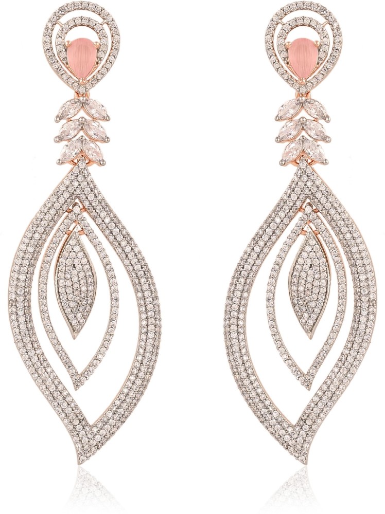 Ratnavali Jewels Rose Gold Plated American Diamond CZ Long Dangler Drop Earrings Cubic Zirconia Brass Drops & Danglers
