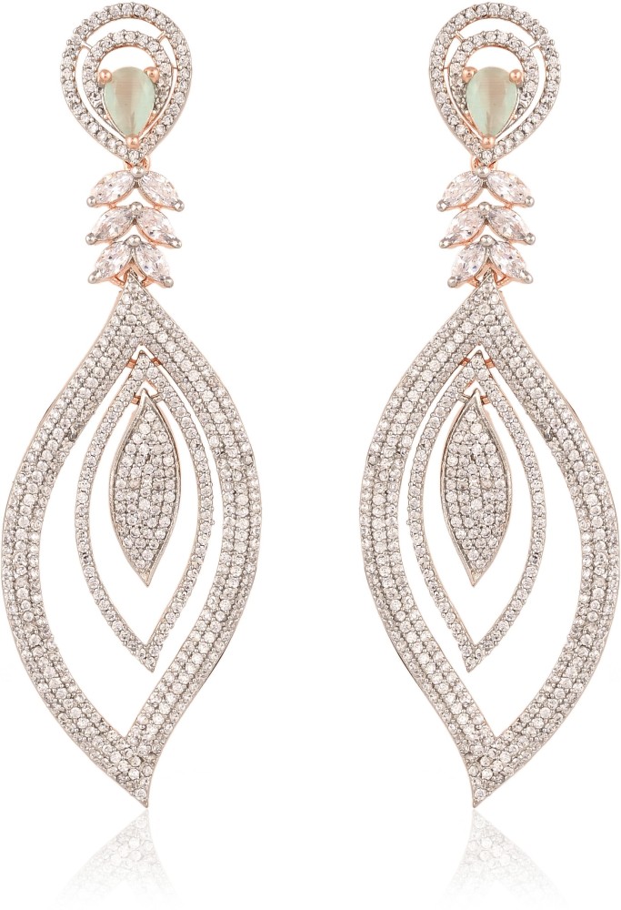 Ratnavali Jewels Rose Gold Plated American Diamond CZ Long Dangler Drop Earrings Cubic Zirconia Brass Drops & Danglers