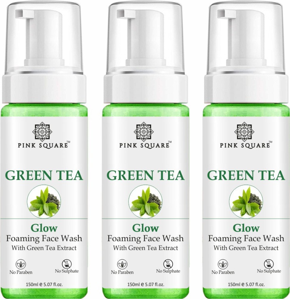 Pink Square Premium Green Tea Foaming  For Skin Pack of 3 Bottle of 150ml (450ml) Face Wash