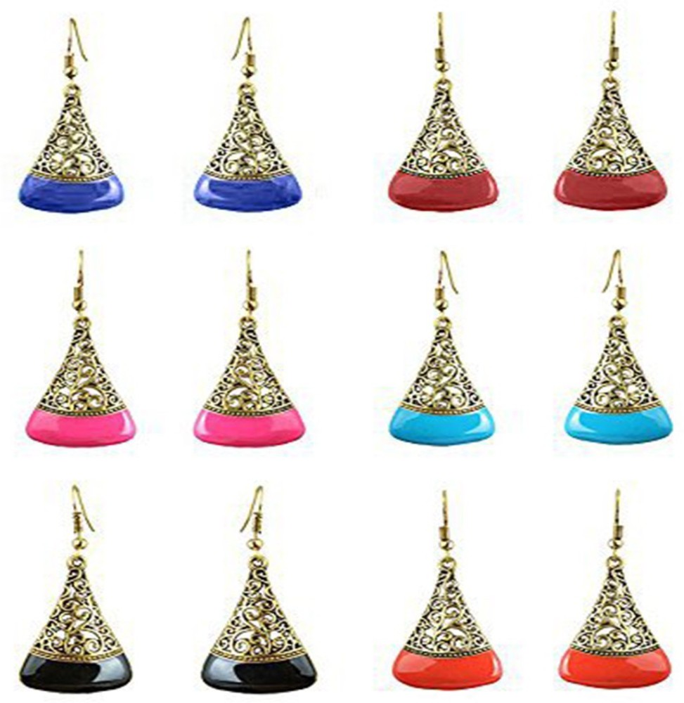 Bandish Oxidised Antique Look Combo of 6 Colorful German Silver Drops & Danglers