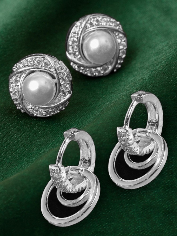 Ami Set of 2 Silver Tone Cubic Zirconia Brass Stud & Drop Earring Cubic Zirconia Brass Stud Earring, Drops & Danglers