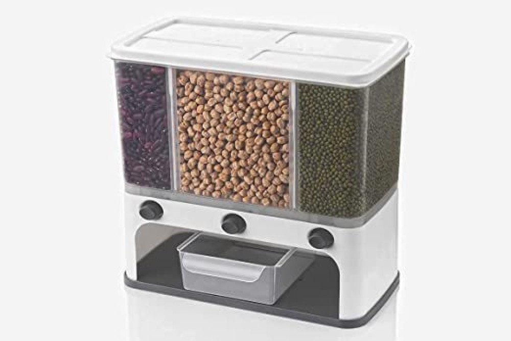 Umavanshi Mounted Cereal Dispenser 3 Grid Dry Food Dispenser Space Saving Storage  - 1500 ml Plastic Grocery Container